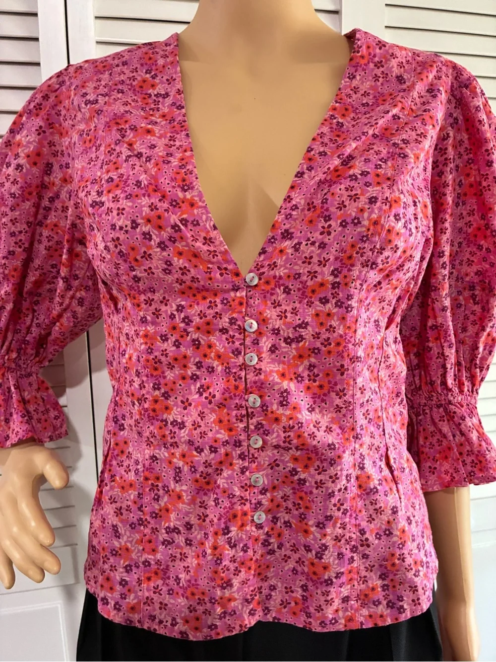 Free People Pink Floral Button V-Neck Blouse